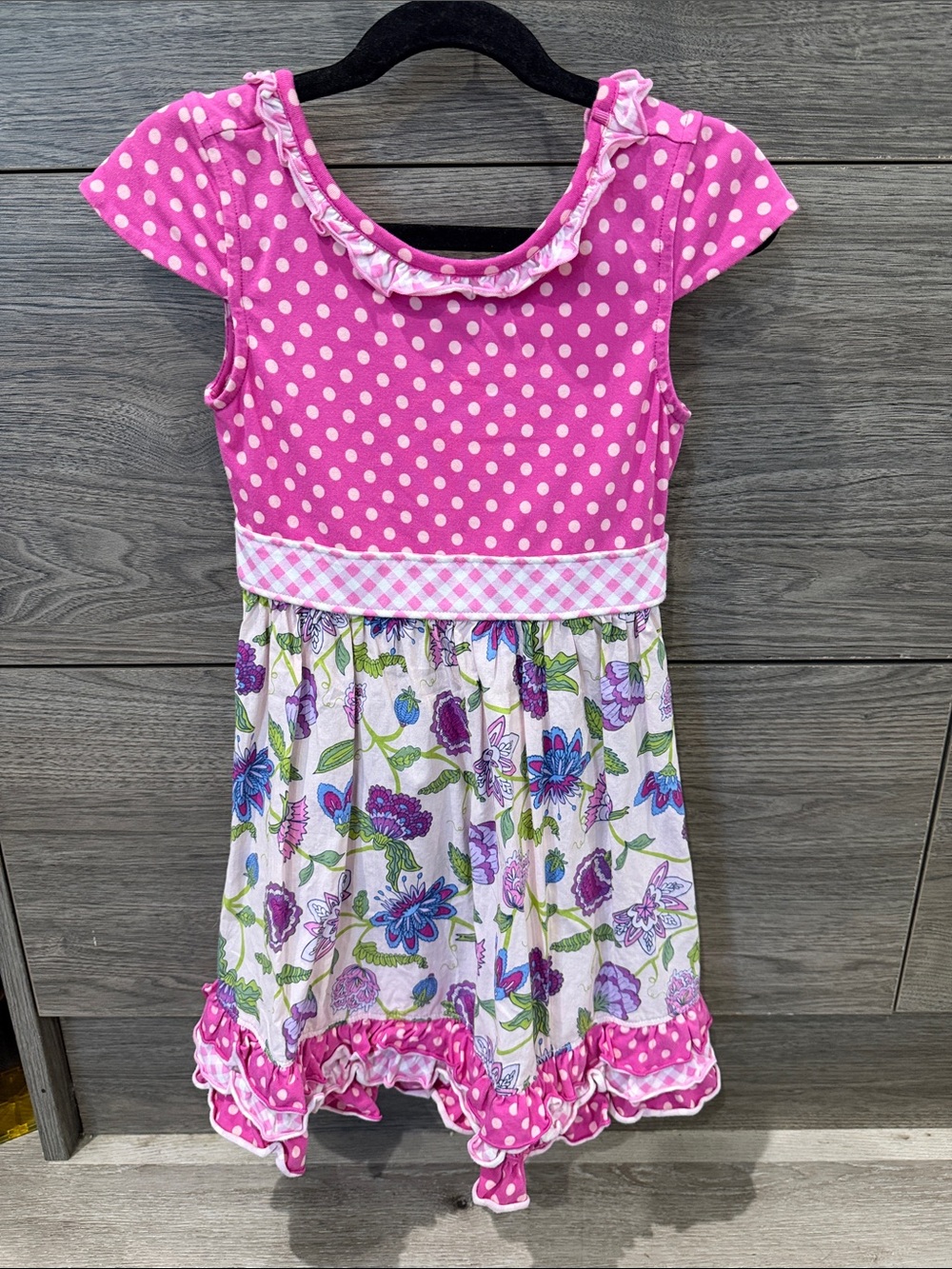 Girls Pink Polka Dot Floral &Butterfly Ruffle Dress